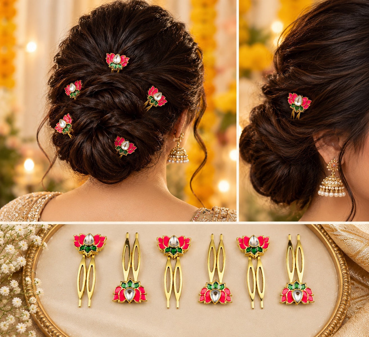 SHE BEAUTY set of 6 lotus Meenakari Kundan hair combs for bridal updos, featuring pink and green enamel details.