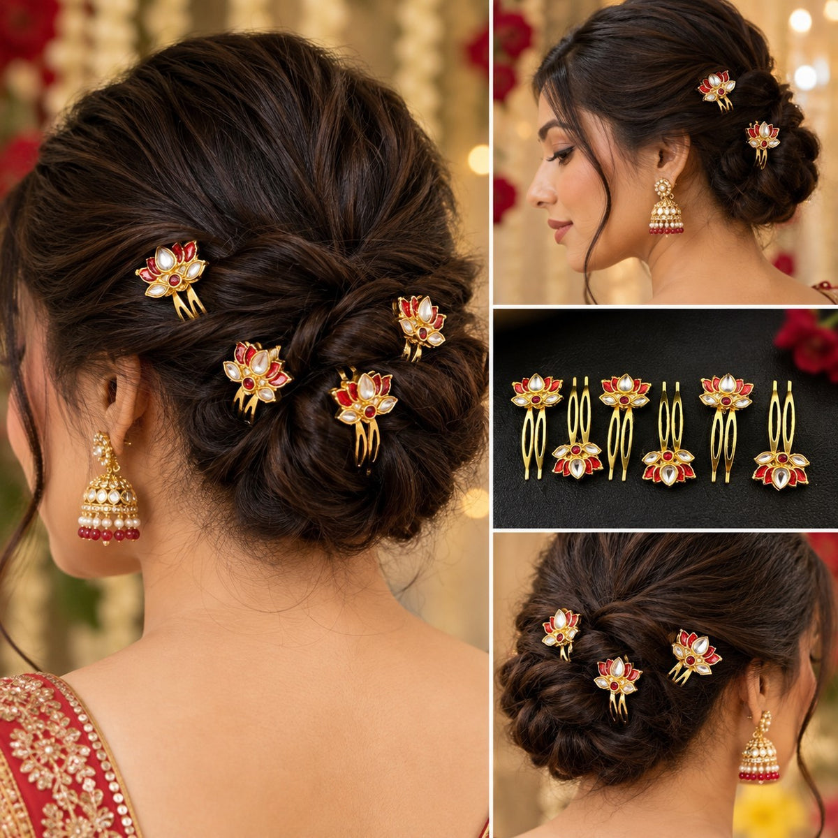 SHE BEAUTY 6-piece lotus meenakari kundan hair combs with red and gold enamel, worn in a bridal bun hairstyle.