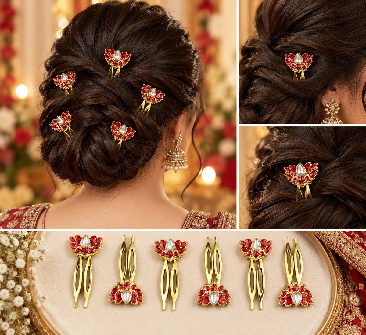 SHE BEAUTY set of 6 lotus-shaped Meenakari Kundan hair combs with red enamel and white stone accents for bridal updos