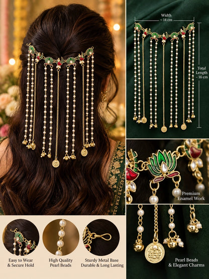 SHE BEAUTY lotus peacock meenakari hair tiara with pearl beads, gold coin charms, and bells for festive party wear