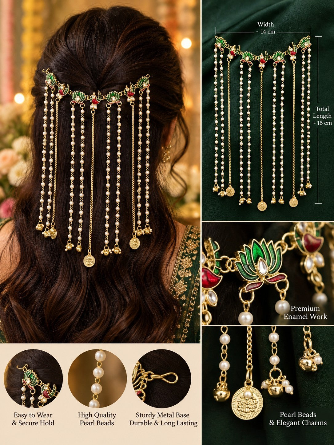 SHE BEAUTY lotus peacock meenakari hair tiara with pearl beaded chains and gold coin bell charms for festive wear
