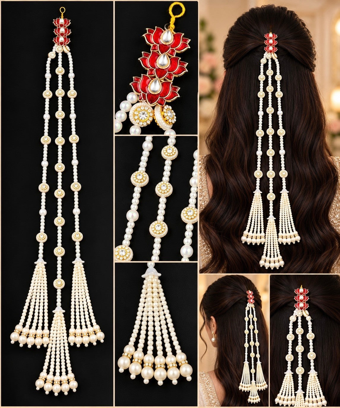 SHE BEAUTY AD Lotus Pearl triple trail braid accessory featuring red enamel lotus motifs and white pearl strands.