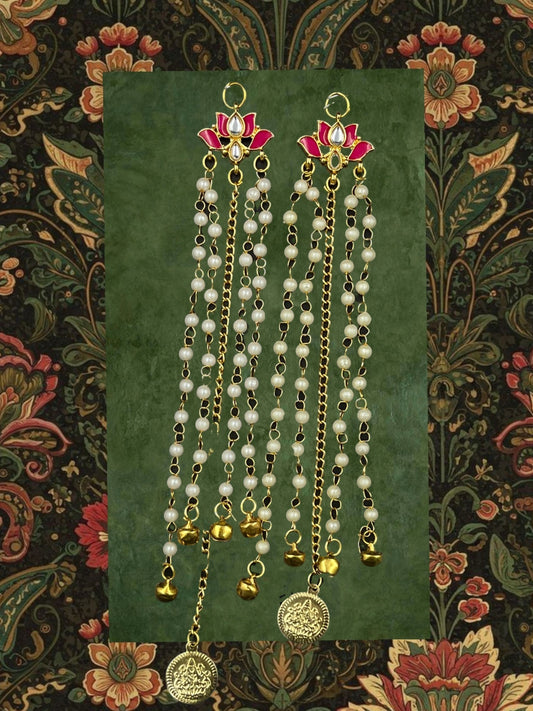 SHE BEAUTY lotus flower earrings with long pearl chains, gold coin charms, and small bells for festive party wear.
