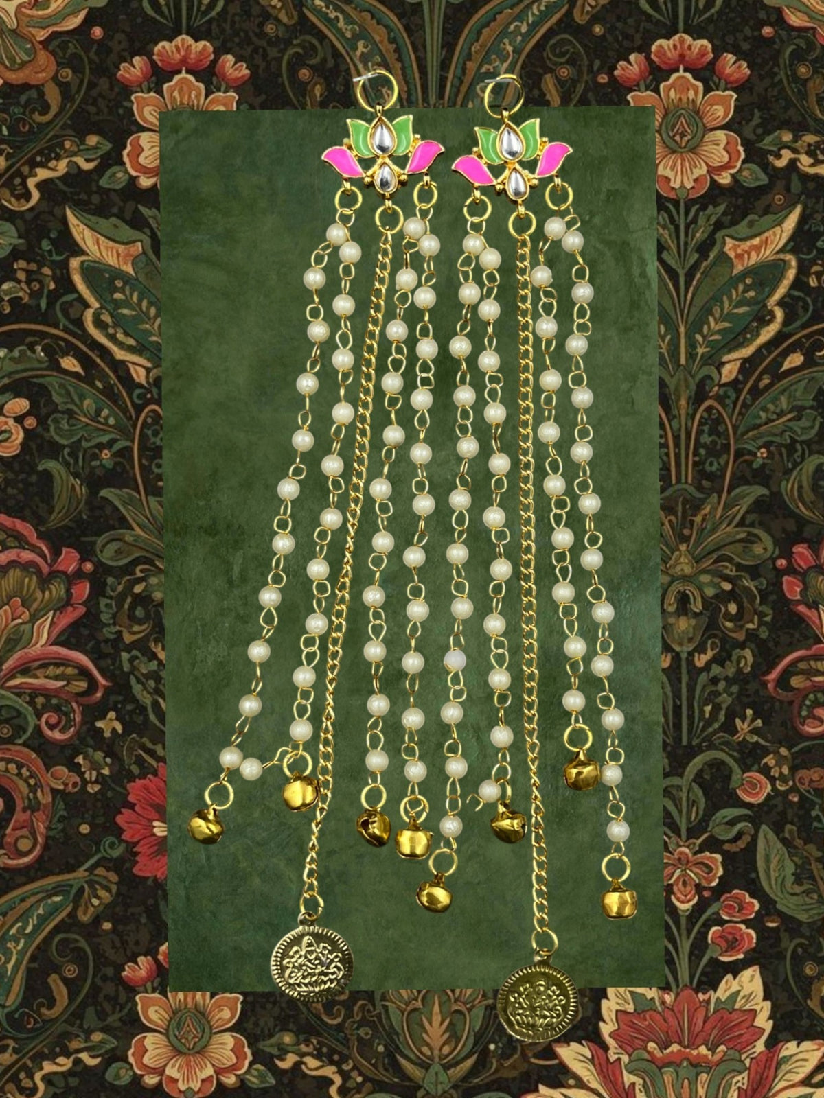 SHE BEAUTY lotus pearl coin bell hair trails with gold chains and pink enamel accents for festive party wear