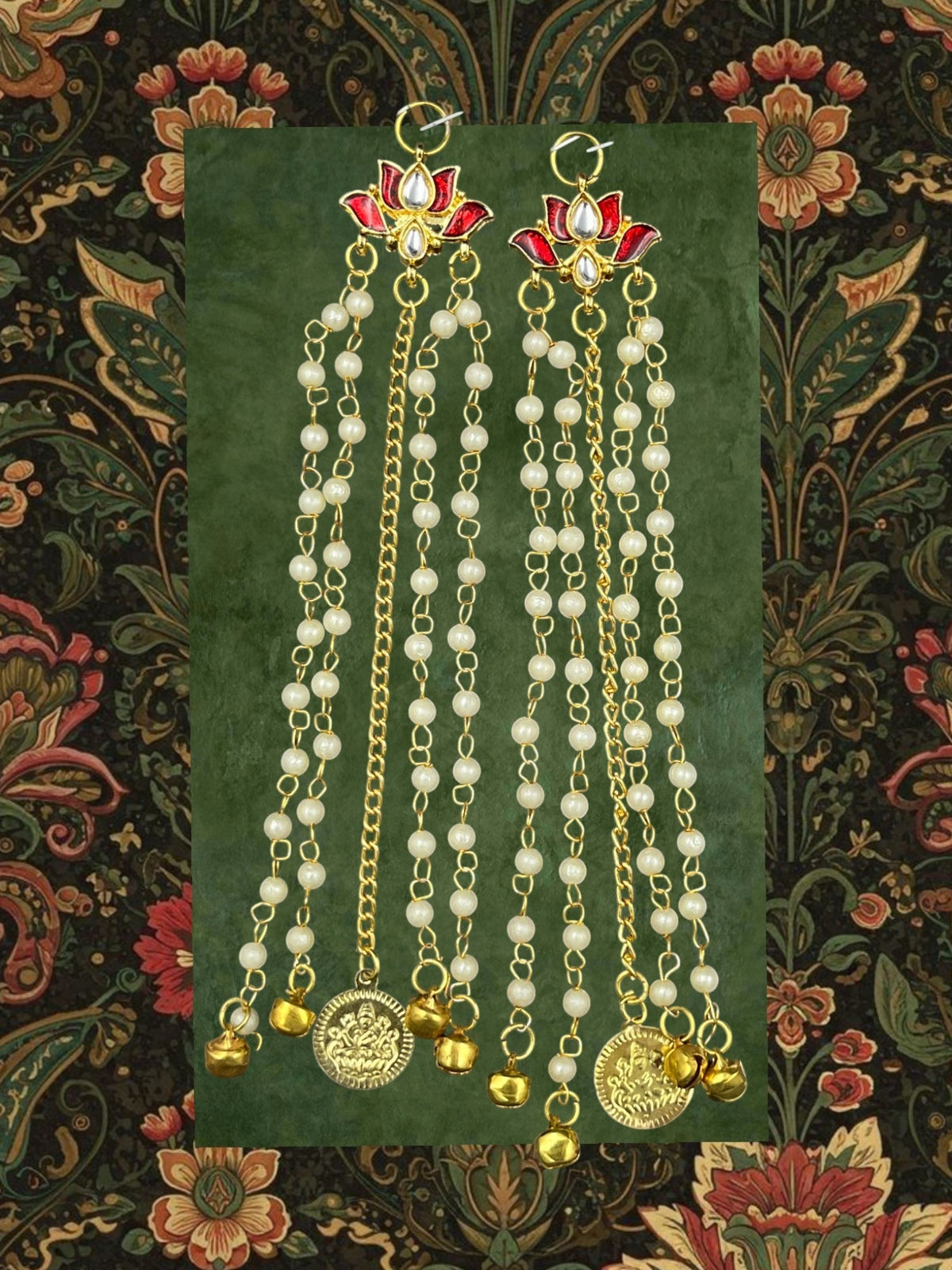 SHE BEAUTY lotus pearl coin bell hair trails with red enamel accents and gold-tone chains for festive party wear.