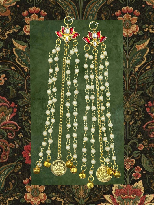 SHE BEAUTY lotus pearl coin bell hair trails with red enamel accents and gold-tone chains for festive party wear.