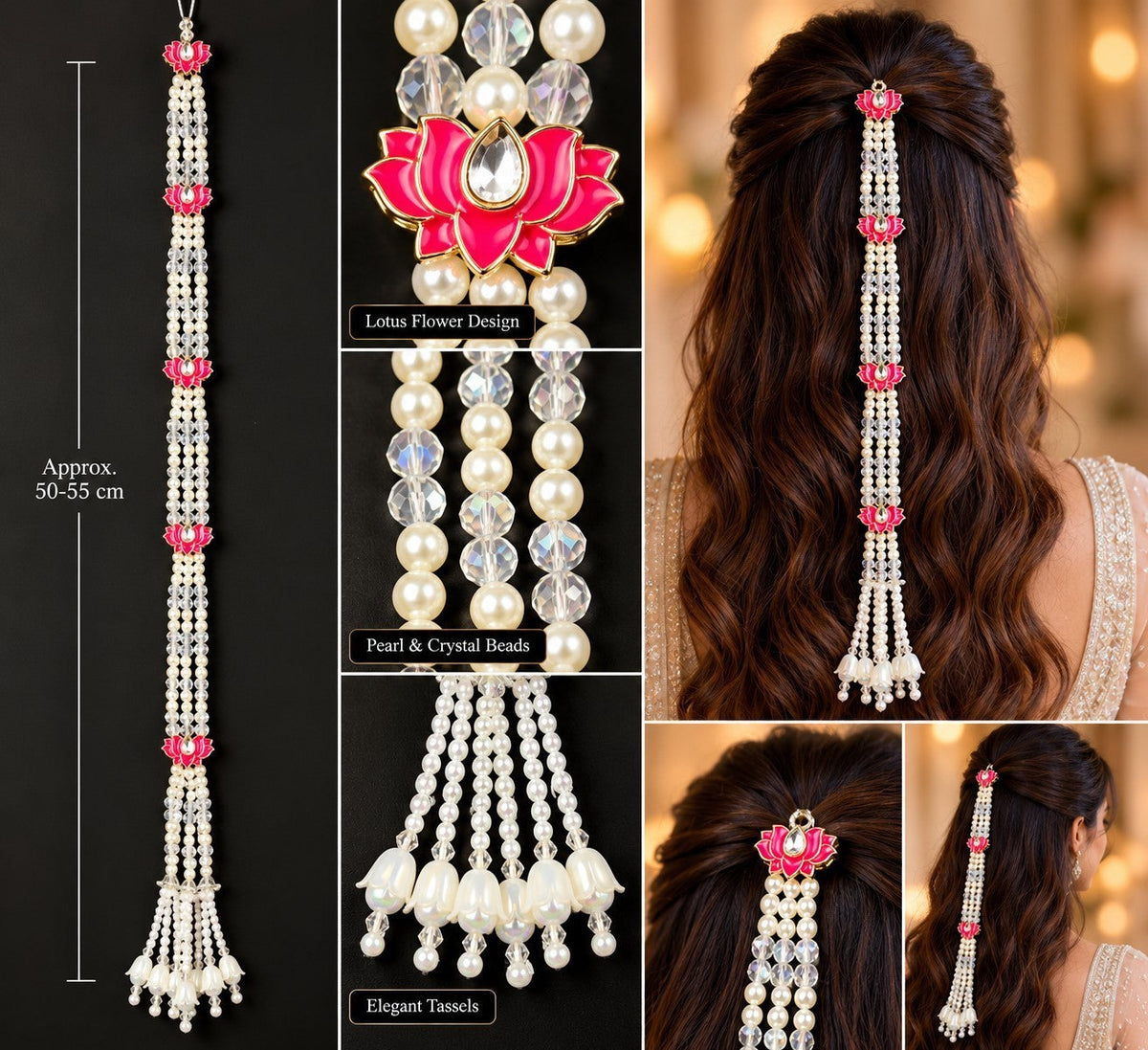 SHE BEAUTY triple trail hair braid accessory featuring pink lotus flower charms, white pearls, and crystal beads.