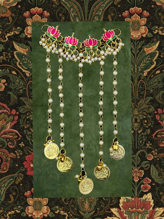 SHE BEAUTY hair vine featuring pink lotus motifs, white pearl beads, and gold coin charms with hanging bells.