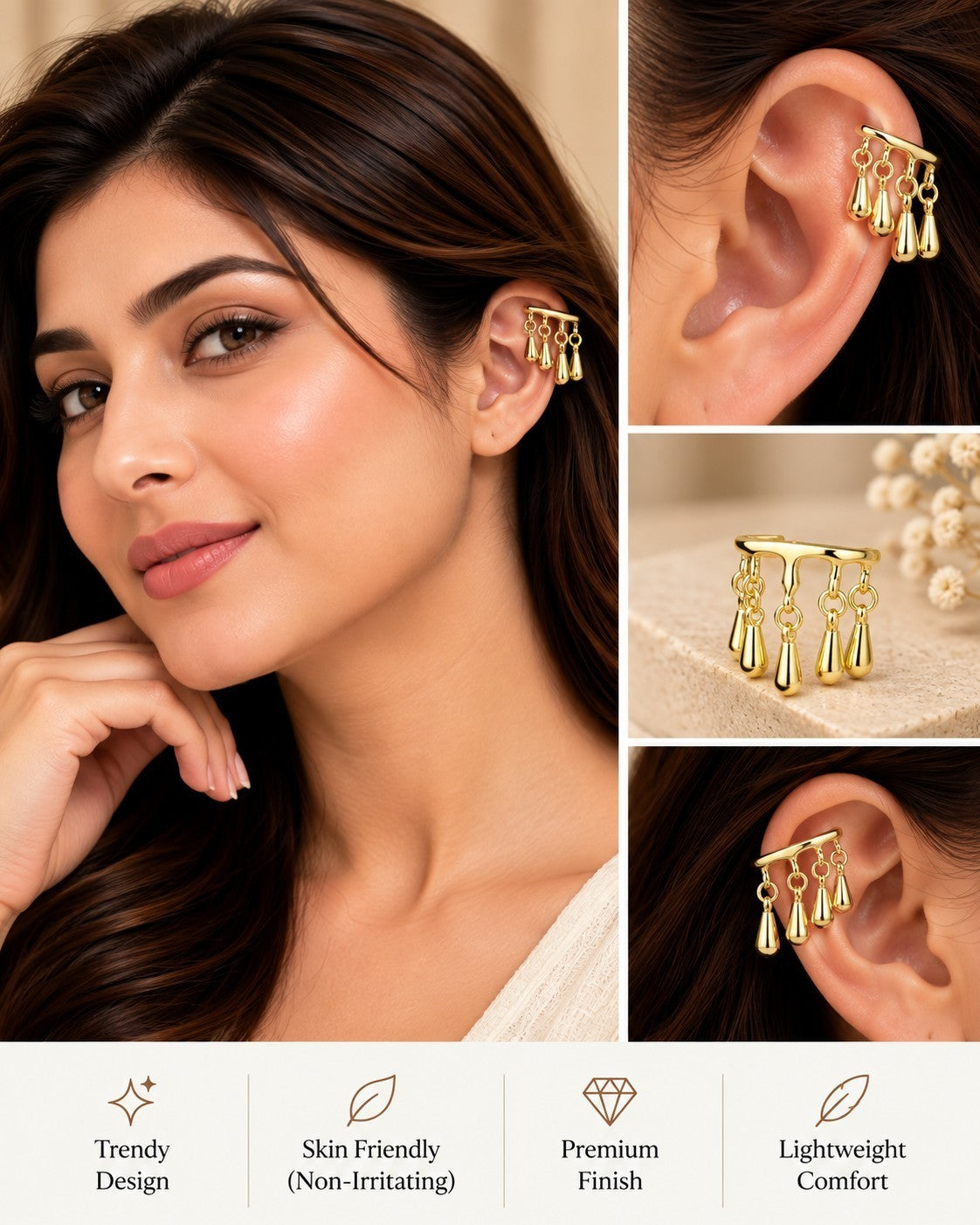 SHE BEAUTY LUXE DROPS CUFF gold-toned ear cuff with dangling teardrop charms worn by a woman