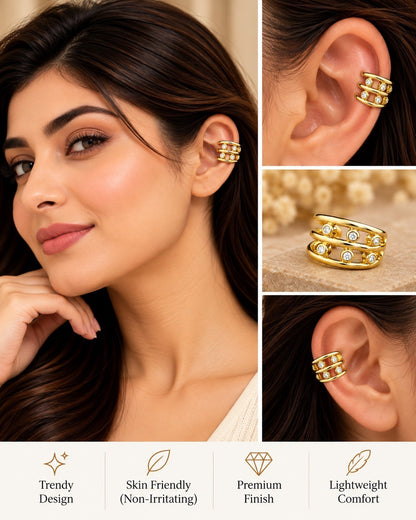 SHE BEAUTY Luxe Loop Cuff featuring a triple-band gold-tone design with embedded clear crystals on a model