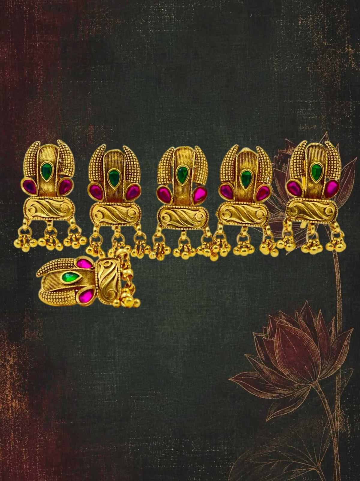 SHE BEAUTY set of 6 matt gold pins featuring green and pink stone accents and dangling gold beads for festive wear.