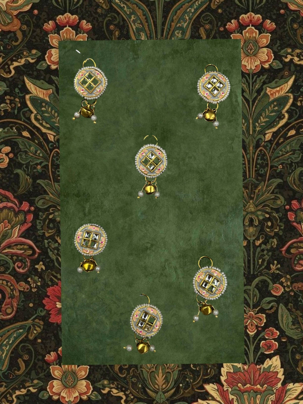 SHE BEAUTY set of 6 Meena Kundan choti hair accessories featuring intricate enamel work, gold accents, and pearl drops.