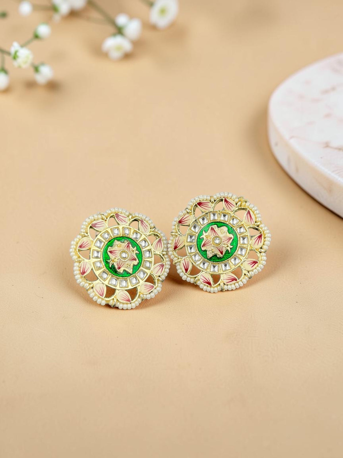 SHE BEAUTY Meenakari Kundan tops featuring green and pink floral enamel work with white pearl accents in gold finish.