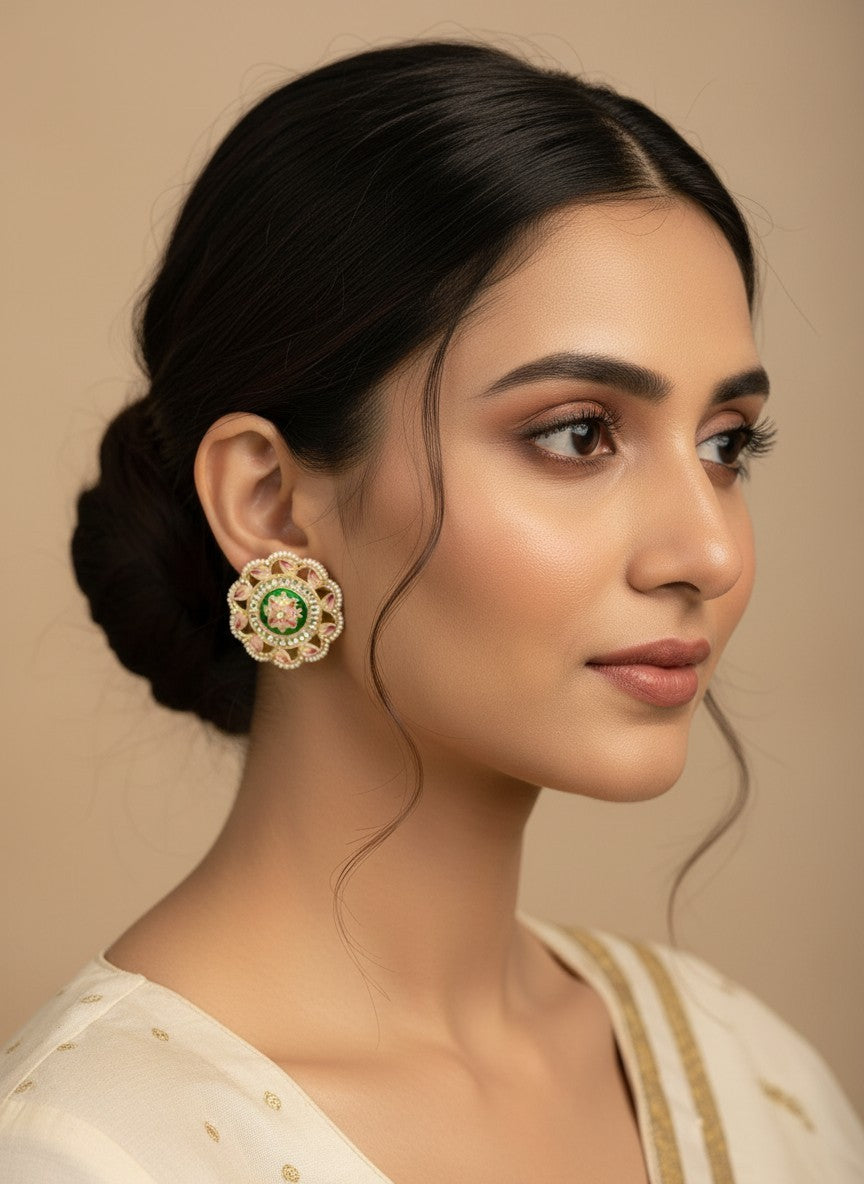 SHE BEAUTY round meenakari kundan tops with green enamel and pearl accents worn by a woman in ethnic attire