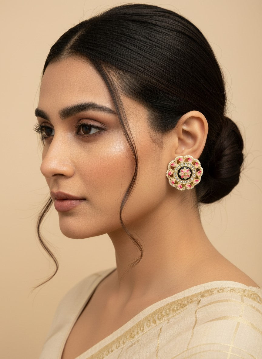 SHE BEAUTY Meenakari Kundan tops featuring pink and black floral enamel work with pearl accents on a woman