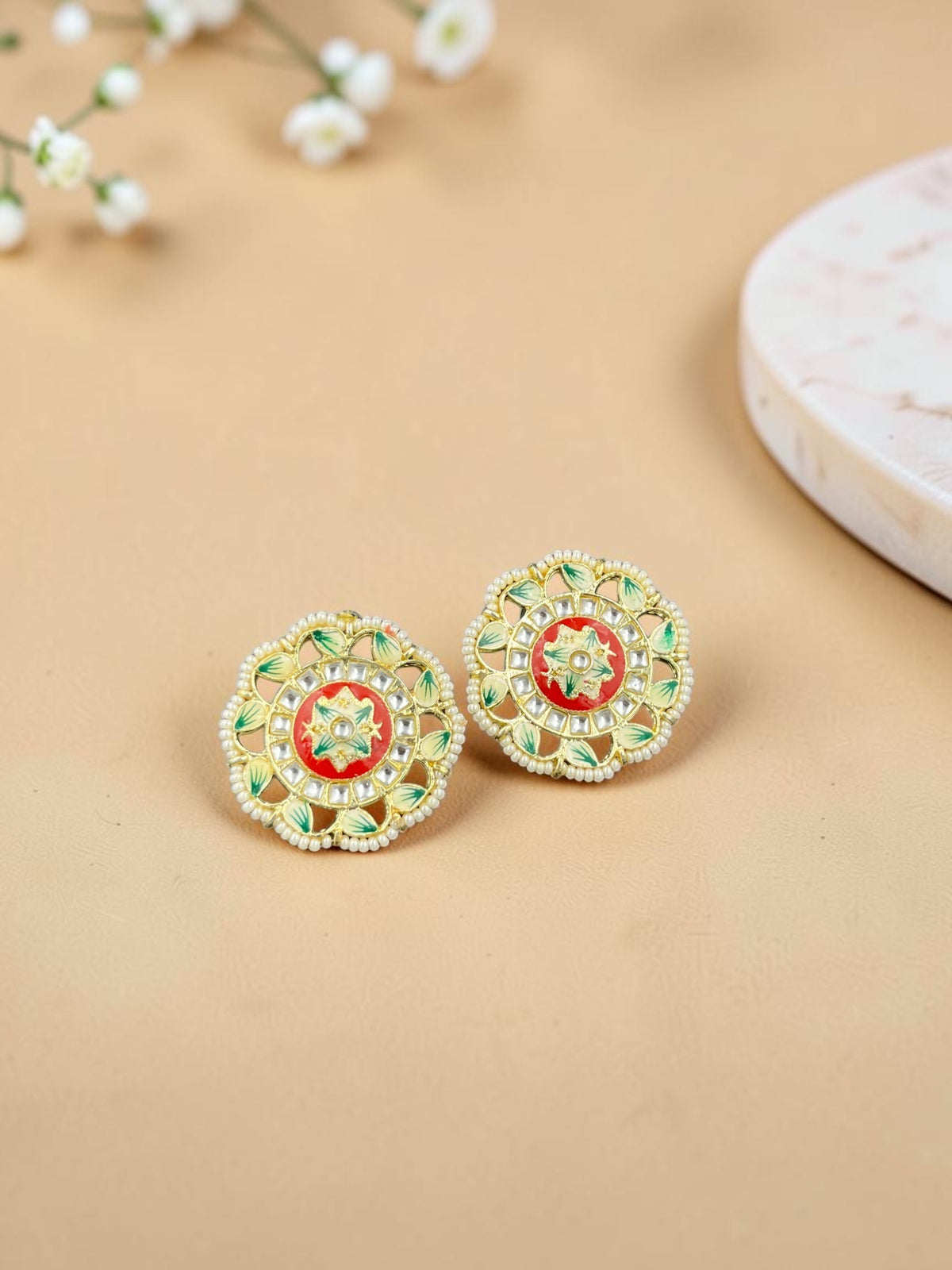 SHE BEAUTY Meenakari Kundan tops featuring red and green enamel floral patterns with pearl accents for ethnic wear.