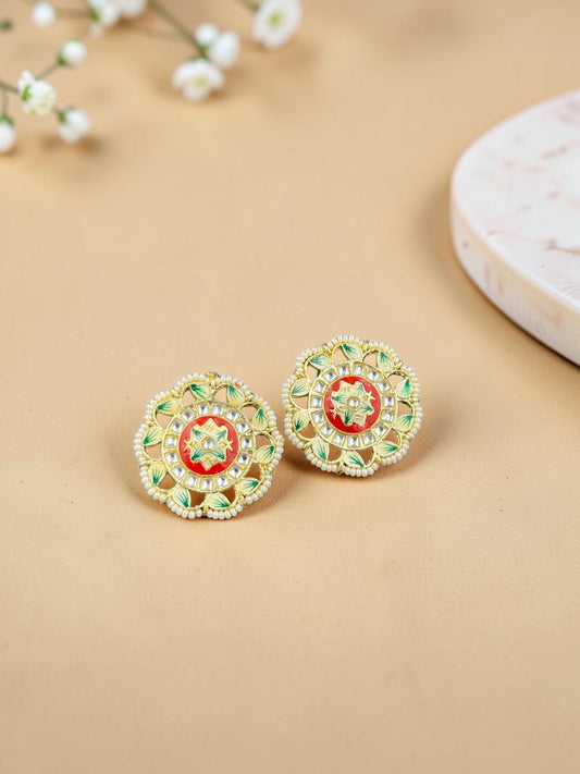 SHE BEAUTY Meenakari Kundan tops featuring red and green enamel floral patterns with pearl accents for ethnic wear.