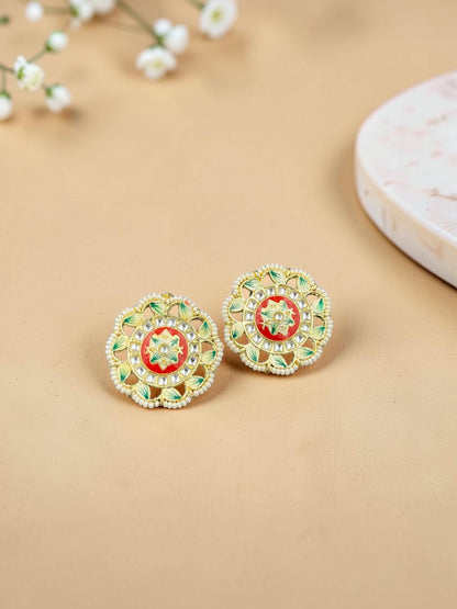 SHE BEAUTY Meenakari Kundan tops featuring red and green enamel floral patterns with pearl accents for ethnic wear