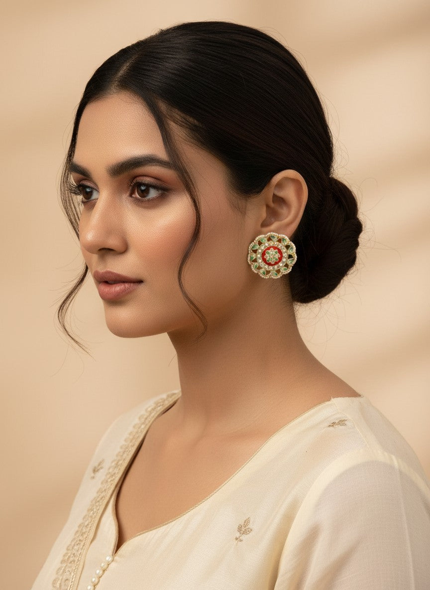SHE BEAUTY Meenakari Kundan tops featuring intricate red and green enamel work worn by a woman in ethnic attire.