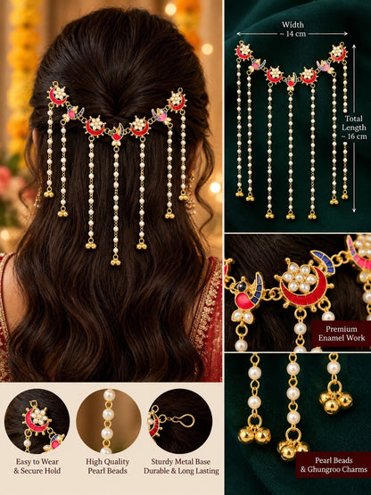 SHE BEAUTY crescent moon peacock meenakari hair tiara with pearl beads and gold ghungroo tassels for festive wear