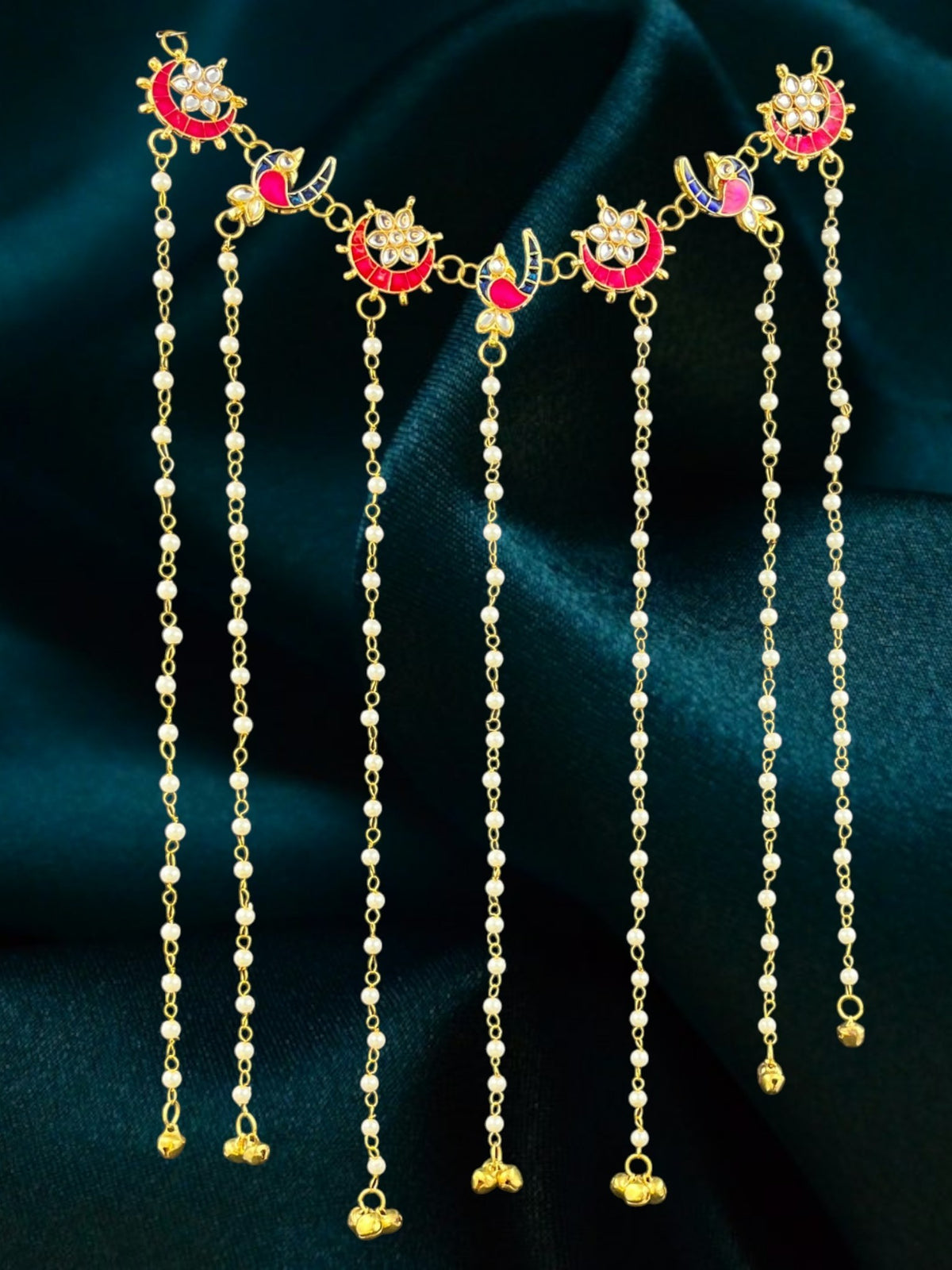 SHE BEAUTY crescent moon and peacock meenakari hair tiara with pearl beaded chains and gold bell tassels