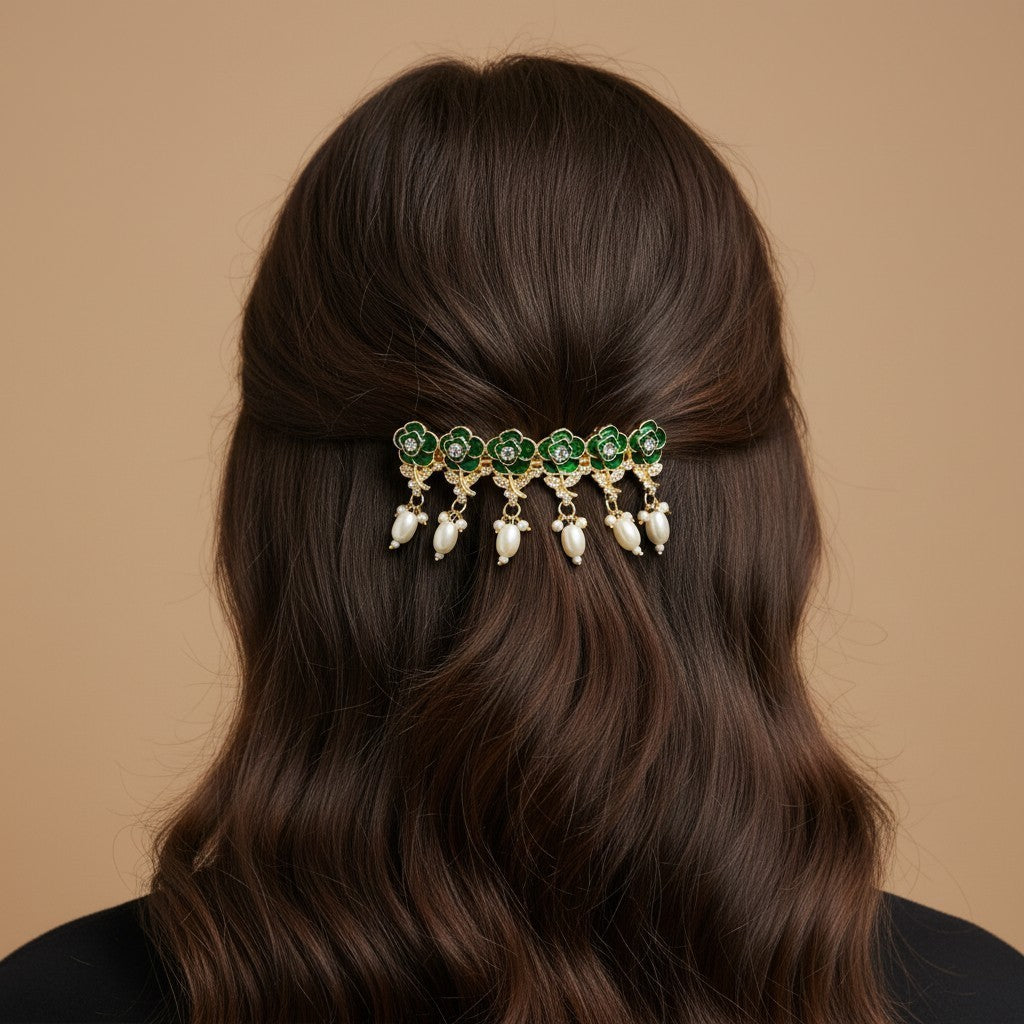 SHE BEAUTY AD Rose Meenakari pearl barrette featuring green floral enamel, gold-tone metal, and dangling pearl beads.