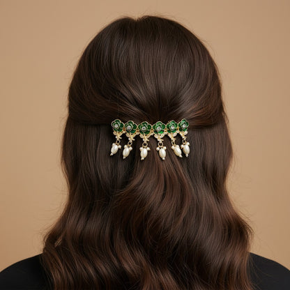 SHE BEAUTY AD Rose Meenakari pearl barrette featuring green floral enamel, gold-tone metal, and dangling pearl beads.