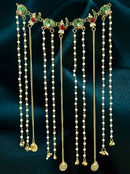 SHE BEAUTY lotus and peacock meenakari hair tiara with pearl beaded chains, gold coins, and small hanging bells.