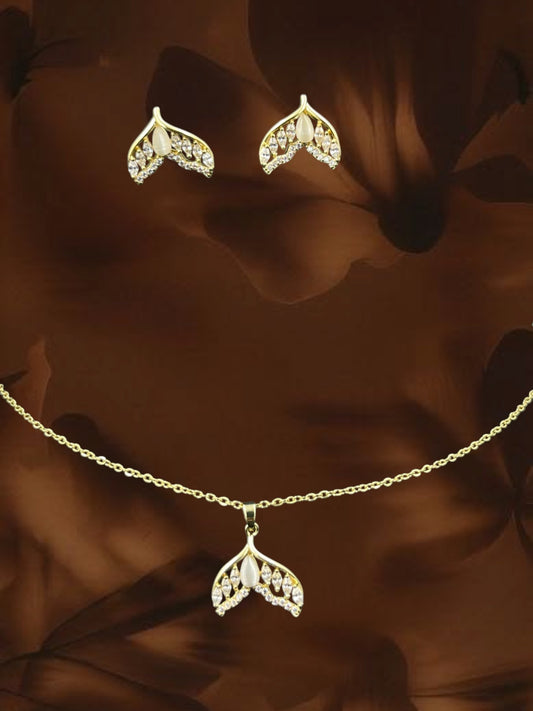 SHE BEAUTY mermaid pendant set featuring gold-tone metal, white stones, and matching stud earrings for festive wear.