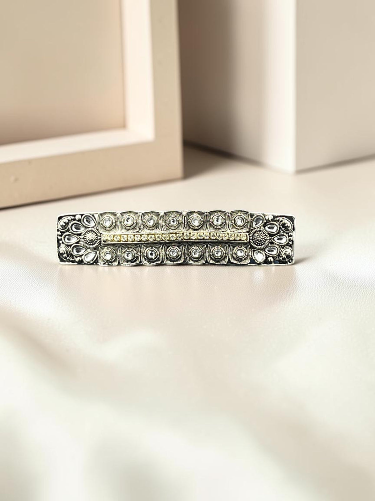 SHE BEAUTY boho vintage metallic barrette with intricate silver detailing and a central row of sparkling stones