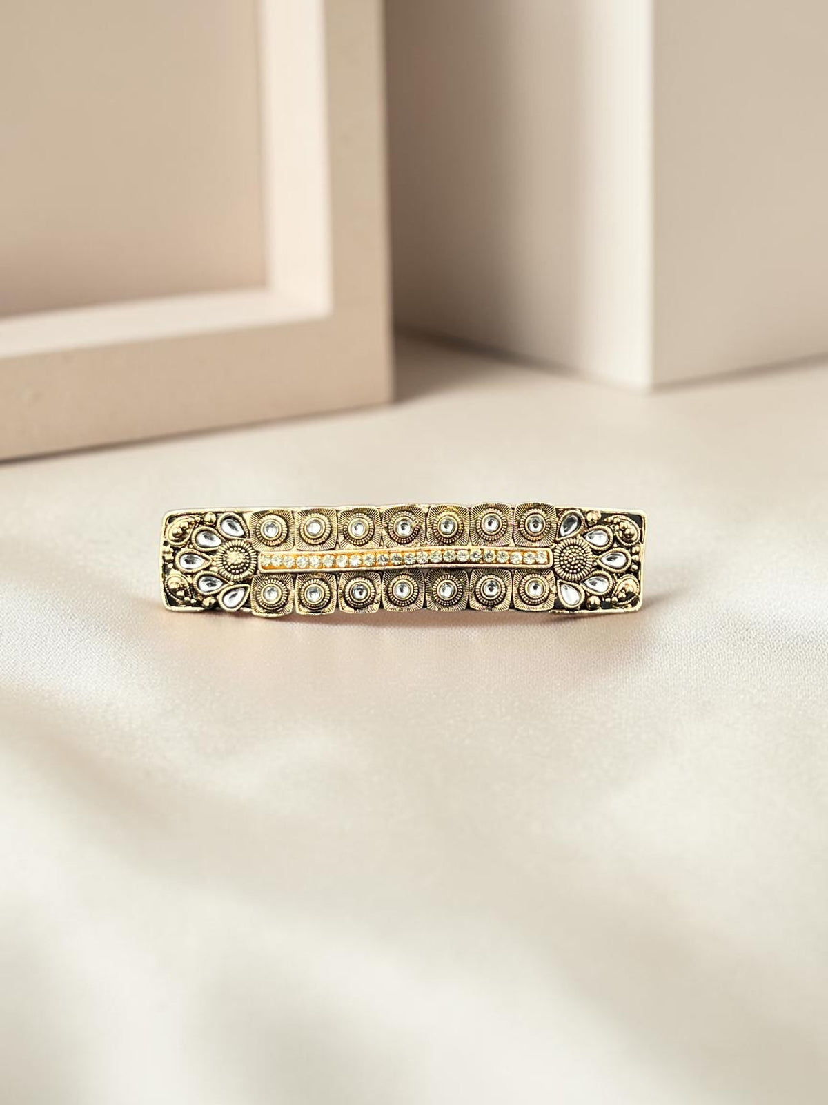 SHE BEAUTY boho vintage metallic barrette with intricate engraved patterns and embedded clear stones for festive wear