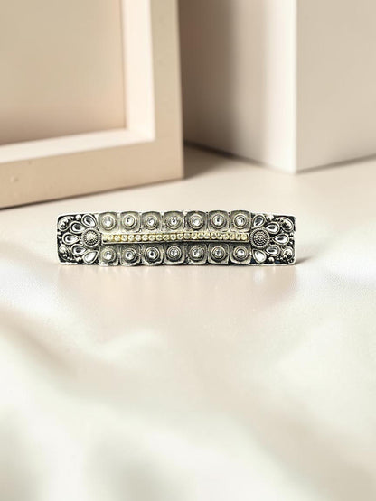 SHE BEAUTY boho vintage metallic barrette with intricate silver detailing and a central row of sparkling stones