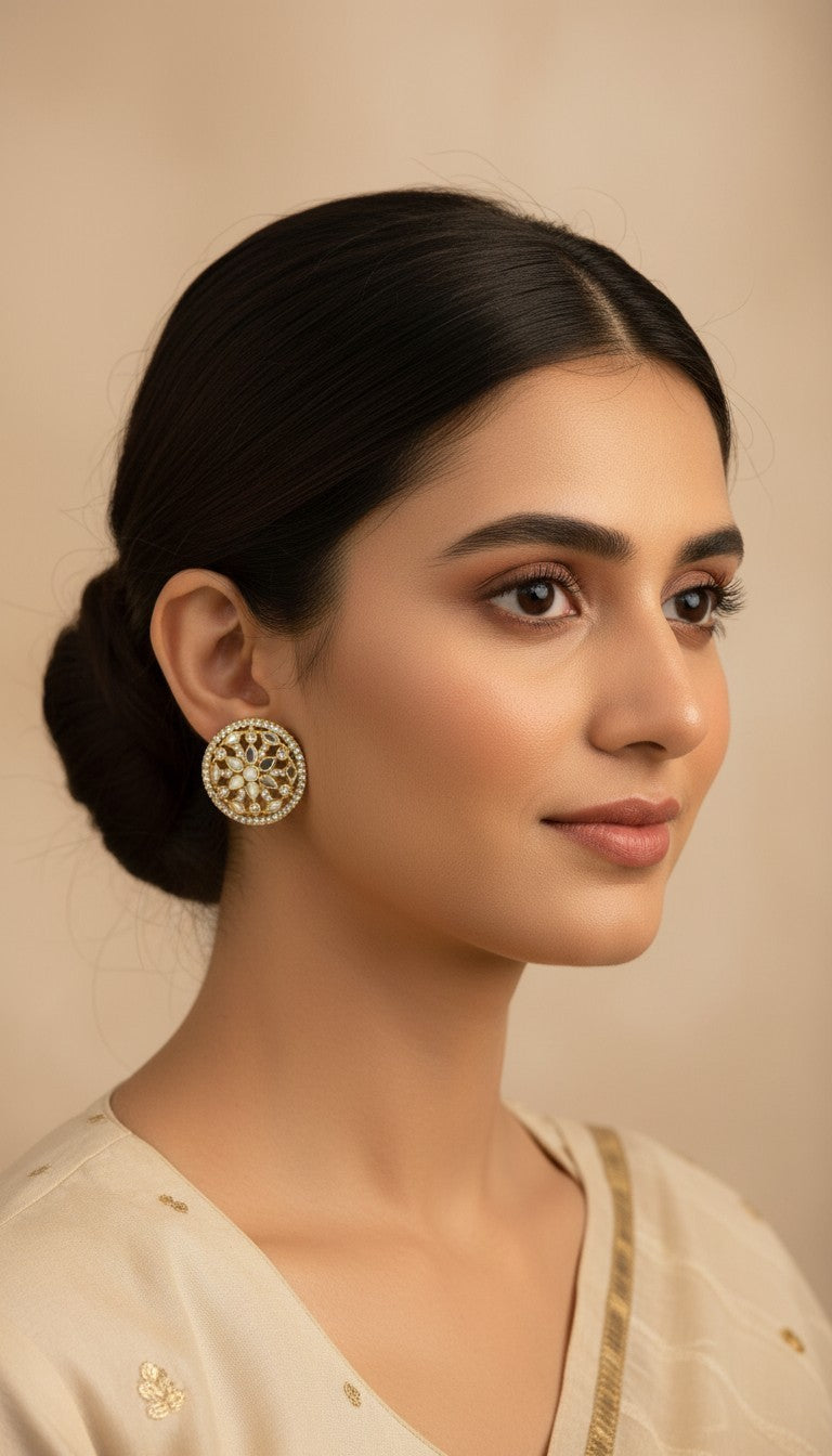 SHE BEAUTY round mirror stone stud earrings with intricate gold detailing worn by a woman in a beige ethnic outfit.