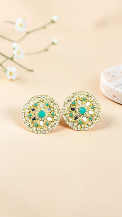 SHE BEAUTY round mirror stone tops featuring turquoise accents and clear crystals in a traditional floral design