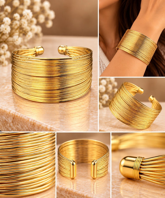 SHE BEAUTY solid multilayer golden cuff bracelet with a polished finish, perfect for festive and everyday wear.