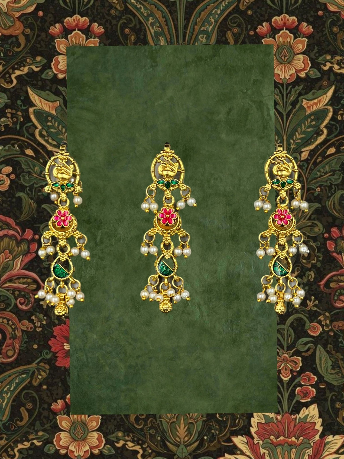 SHE BEAUTY 3-piece peacock choti hair accessories in gold-tone metal with pink, green enamel, and pearl accents.