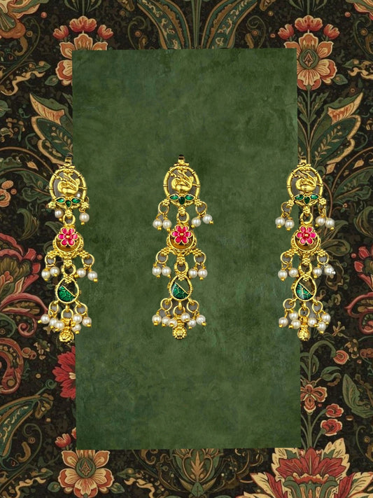 SHE BEAUTY 3-piece peacock choti hair accessories in gold-tone metal with pink, green enamel, and pearl accents.