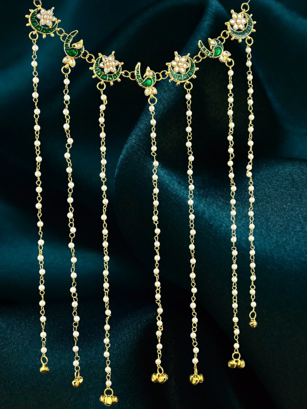 SHE BEAUTY crescent moon peacock meenakari hair tiara with pearl beaded chains and gold bell tassels