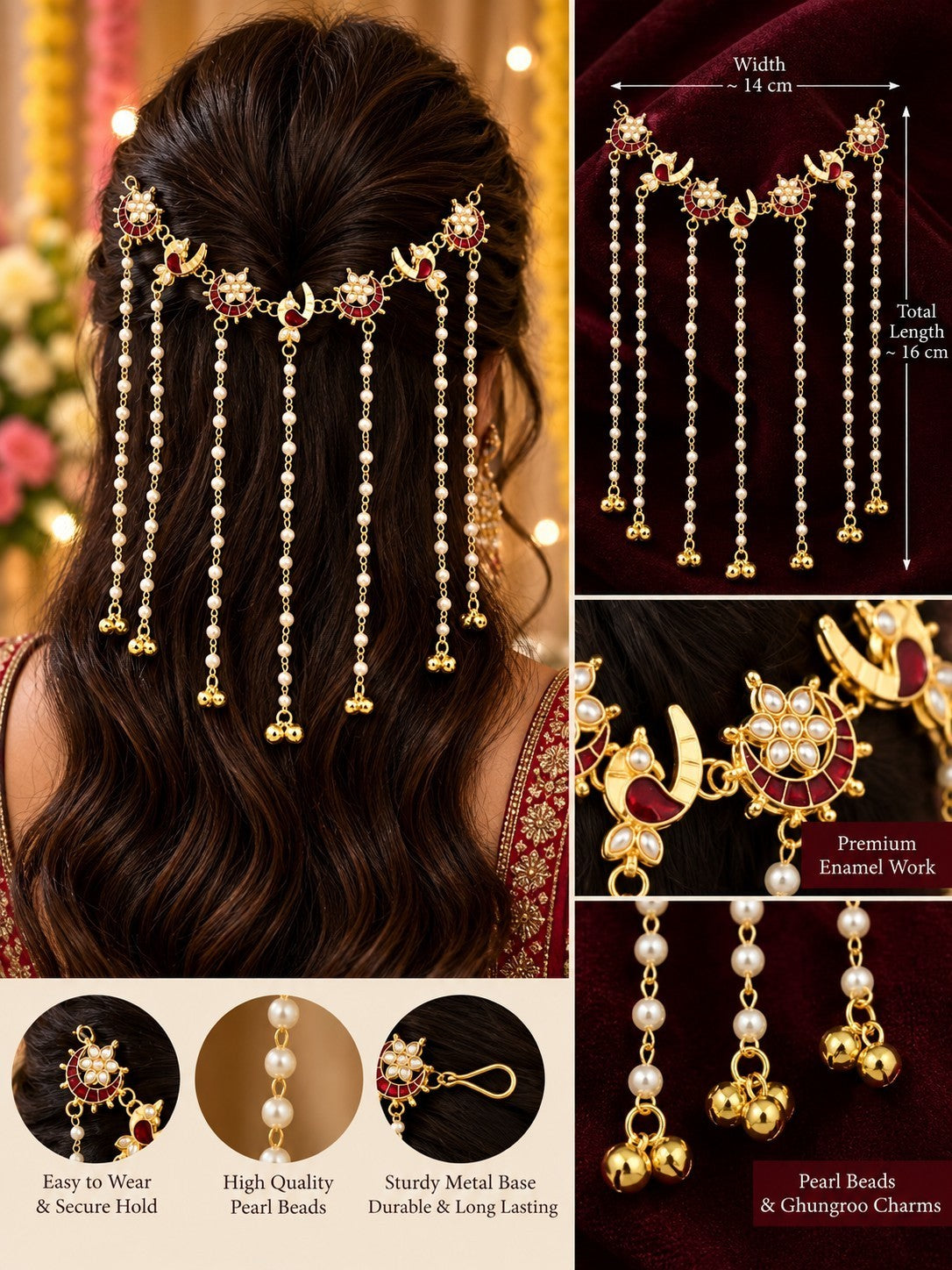 SHE BEAUTY crescent moon peacock meenakari hair tiara with pearl beads and gold ghungroo bell tassels for festive wear
