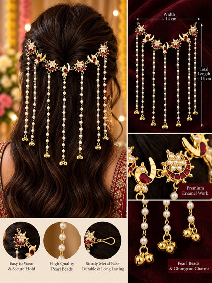 SHE BEAUTY crescent moon peacock meenakari hair tiara with pearl beads and gold ghungroo bell tassels for festive wear