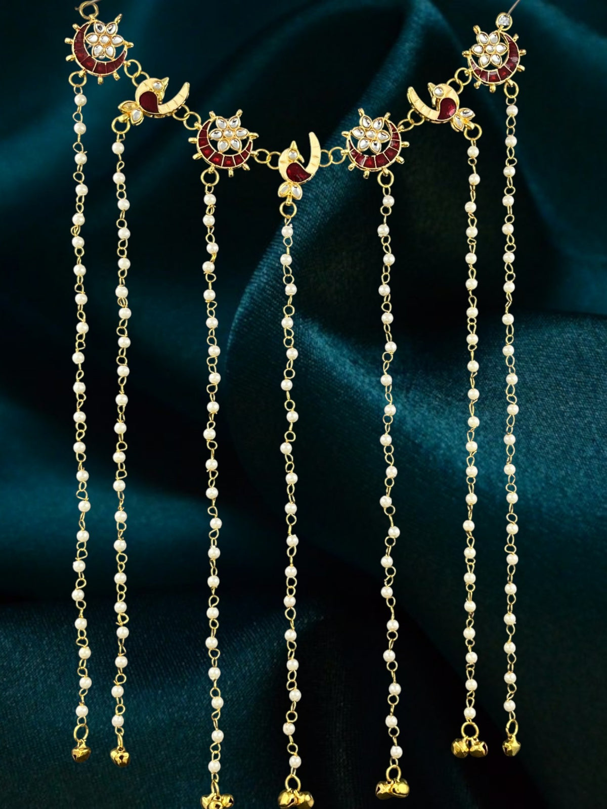 SHE BEAUTY crescent moon peacock meenakari hair tiara with pearl beaded chains and gold bell tassels for festive wear