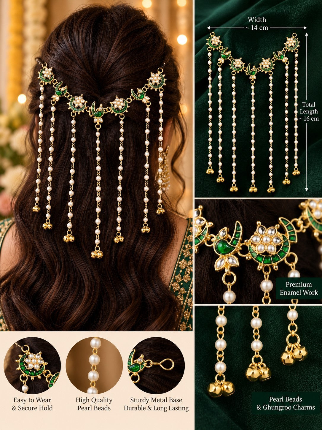SHE BEAUTY crescent moon peacock meenakari hair tiara with pearl beads and gold ghungroo tassels for festive wear