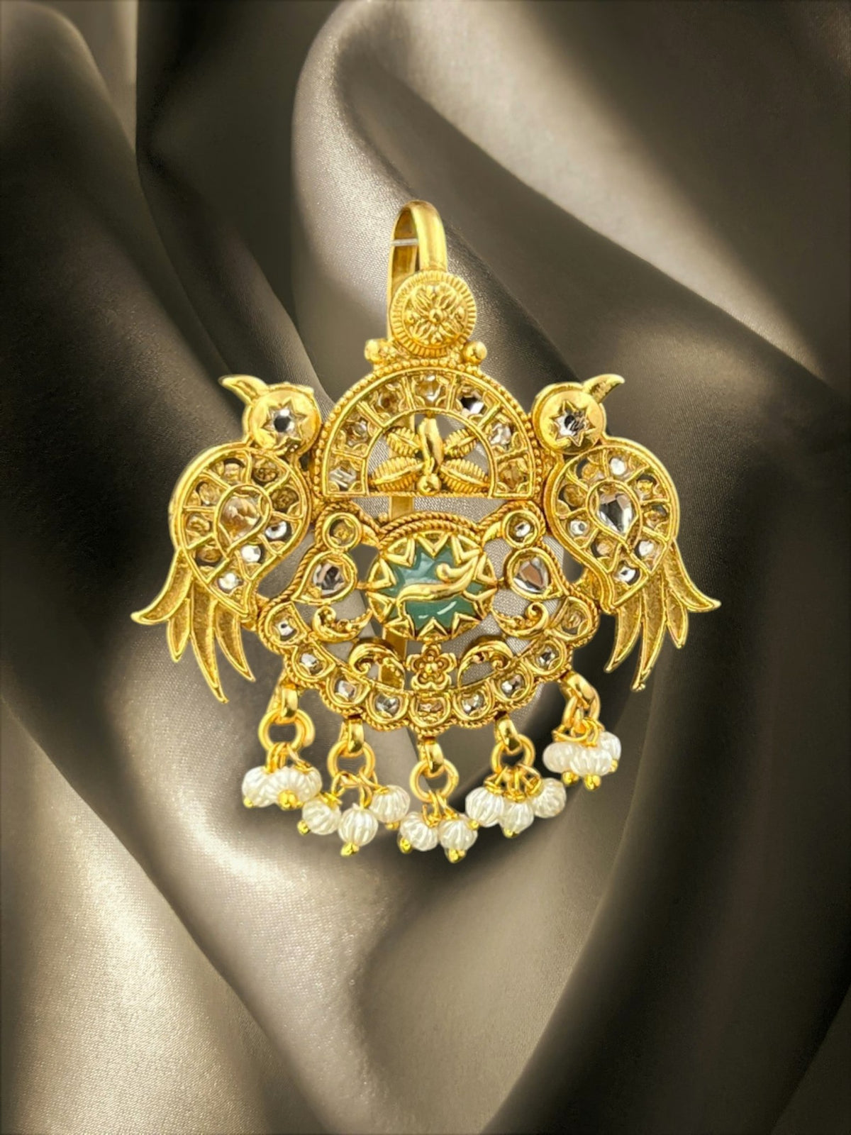 SHE BEAUTY peacock juda hair brooch with gold finish, ruby stones, and hanging white pearls for festive occasions.