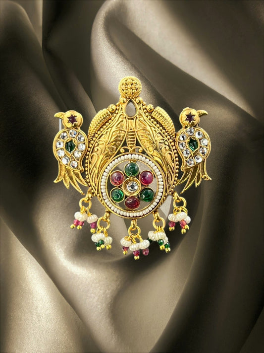 SHE BEAUTY temple peacock hair brooch in gold finish with ruby, emerald, and pearl accents for traditional styling.