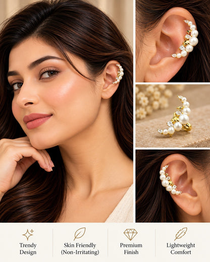 SHE BEAUTY gold-tone arc ear cuff featuring white pearls and sparkling crystals worn by a woman for festive styling.