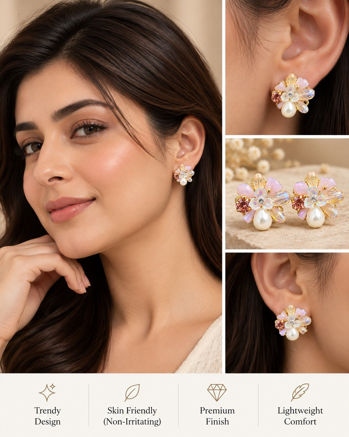 SHE BEAUTY Pearl Fantasy floral stud earrings with pink crystals and a central pearl for festive party wear.