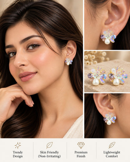 SHE BEAUTY Pearl Fantasy flower stud earrings with iridescent crystals and pearls worn by a woman