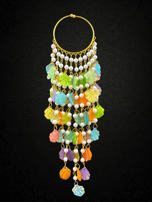 SHE BEAUTY festive hair loop featuring white pearls and colorful iridescent shell charms on a gold-tone ring