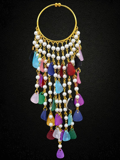 SHE BEAUTY gold-tone hair loop featuring white pearls and multi-colored teardrop tassels for festive party wear.
