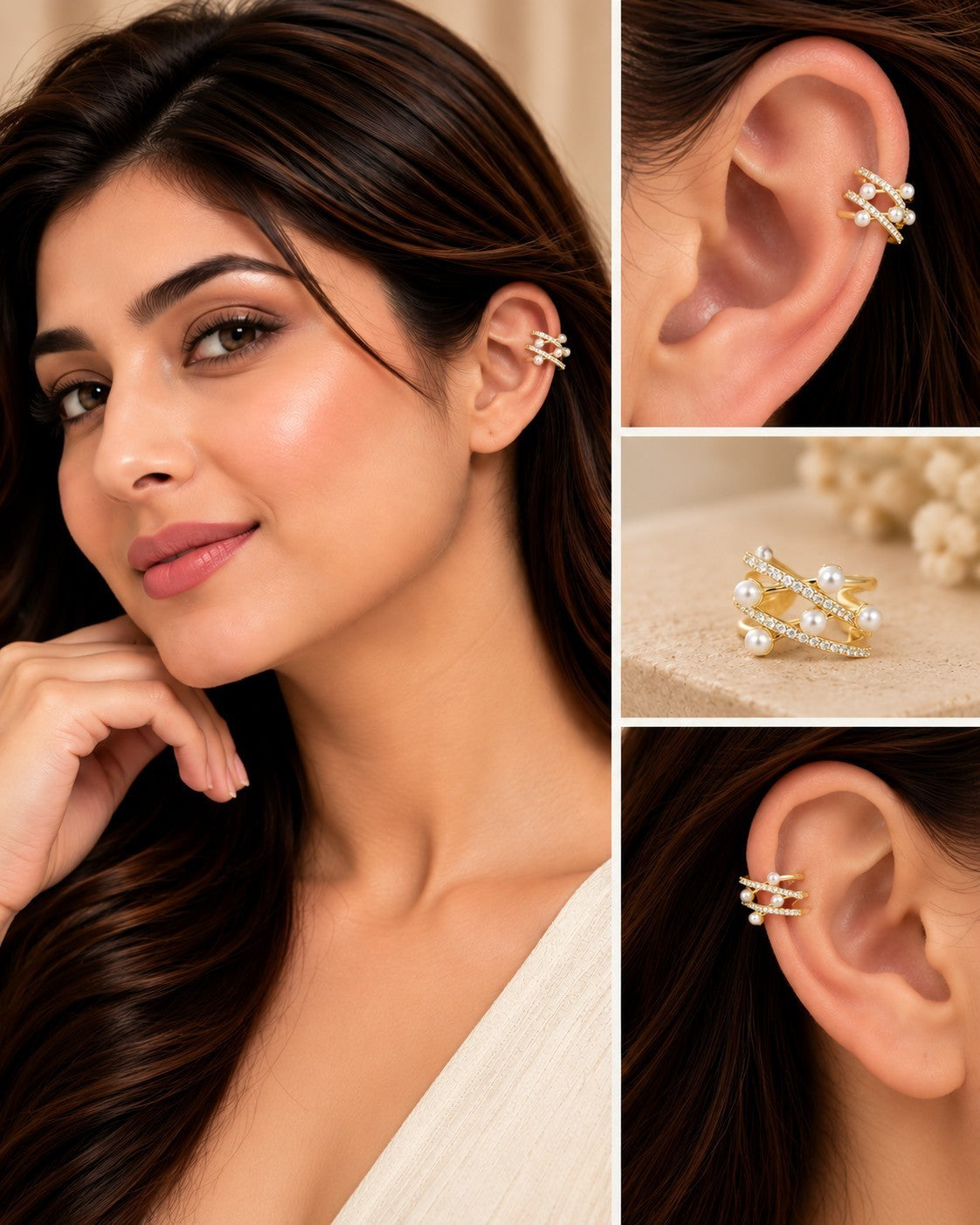 SHE BEAUTY gold-tone pearly loop ear cuff featuring delicate faux pearls and crystal accents on a model